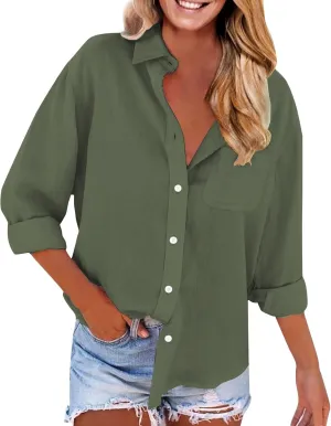 Women Linen Shirts Long Sleeve Stand-up Collar Button-up Business Shirt Summer Fashion Causal Loose Fit Linen Outfits
