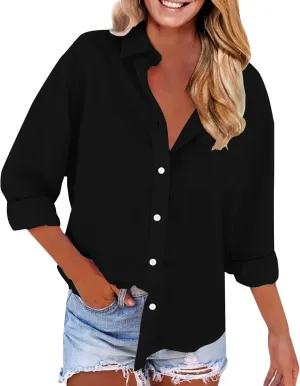 Women Linen Shirts Long Sleeve Stand-up Collar Button-up Business Shirt Summer Fashion Causal Loose Fit Linen Outfits