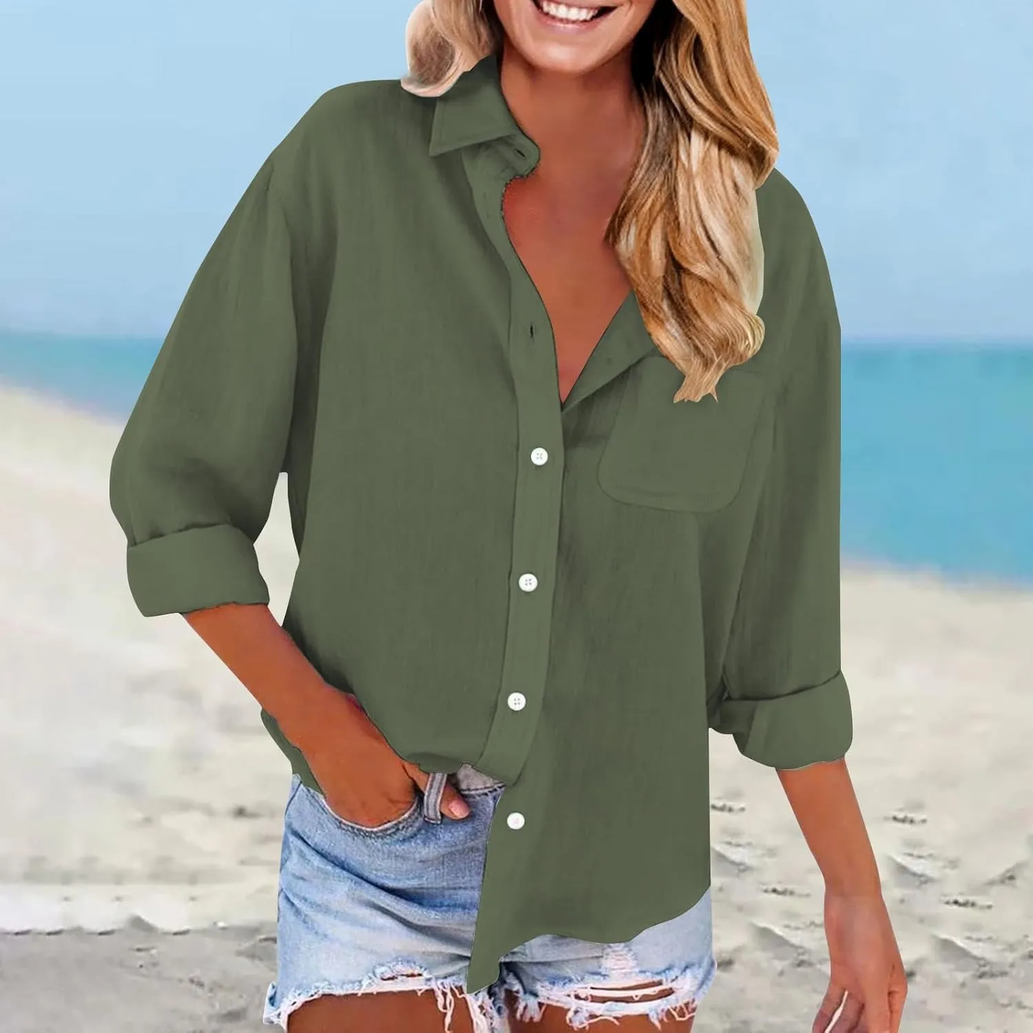 Women Linen Shirts Long Sleeve Stand-up Collar Button-up Business Shirt Summer Fashion Causal Loose Fit Linen Outfits