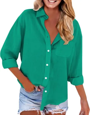 Women Linen Shirts Long Sleeve Stand-up Collar Button-up Business Shirt Summer Fashion Causal Loose Fit Linen Outfits