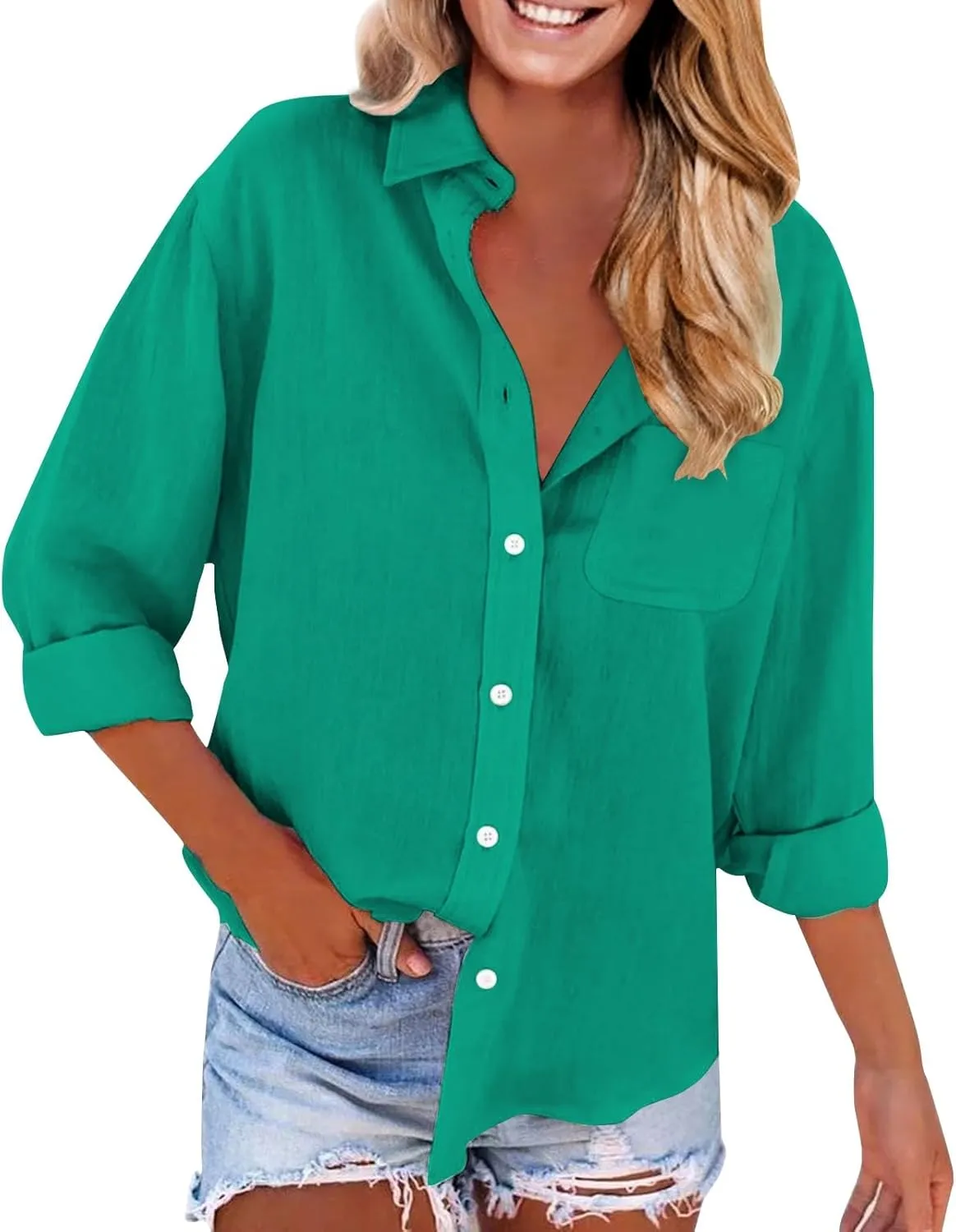 Women Linen Shirts Long Sleeve Stand-up Collar Button-up Business Shirt Summer Fashion Causal Loose Fit Linen Outfits