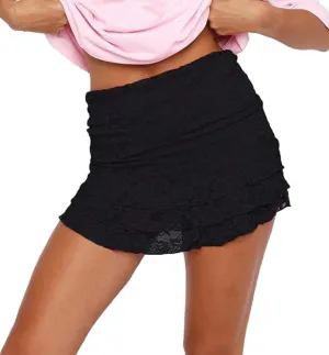 Women Mini Skirt Lace Mesh Ruffle Layered Low Rise Lingerie Short Skirt Pleated Aline Underskirt