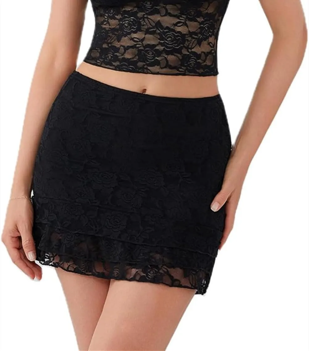 Women Mini Skirt Lace Mesh Ruffle Layered Low Rise Lingerie Short Skirt Pleated Aline Underskirt