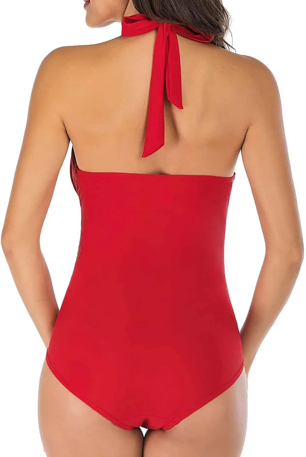 Women One Piece Swimsuit Tummy Control Halter Bathing Suits Sexy Plunge V Neck Backless Ruched Slimming Fit Swimwear