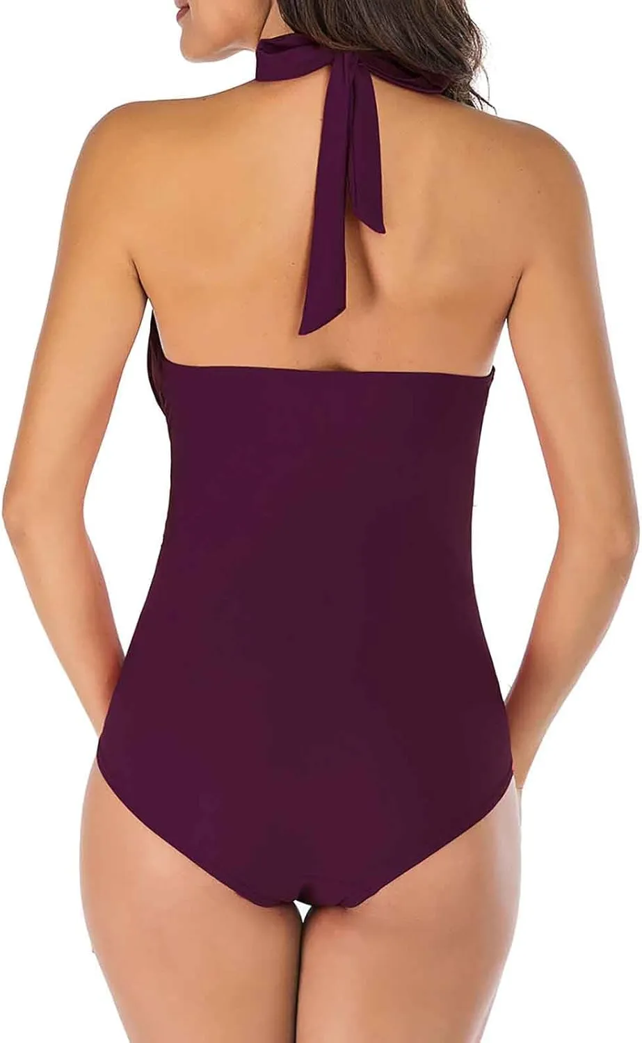 Women One Piece Swimsuit Tummy Control Halter Bathing Suits Sexy Plunge V Neck Backless Ruched Slimming Fit Swimwear