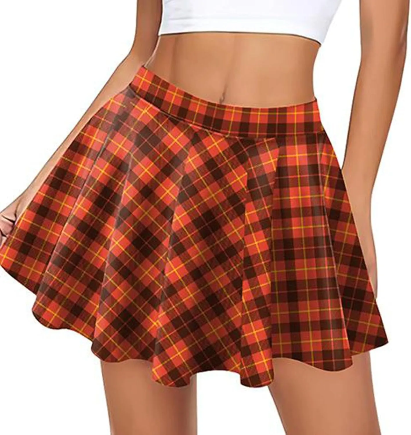 Women Plaid Mini Skirts Vintage High Waisted Pleated Skirt Elastic Stretchy A Line Skirts Tartan Skirt