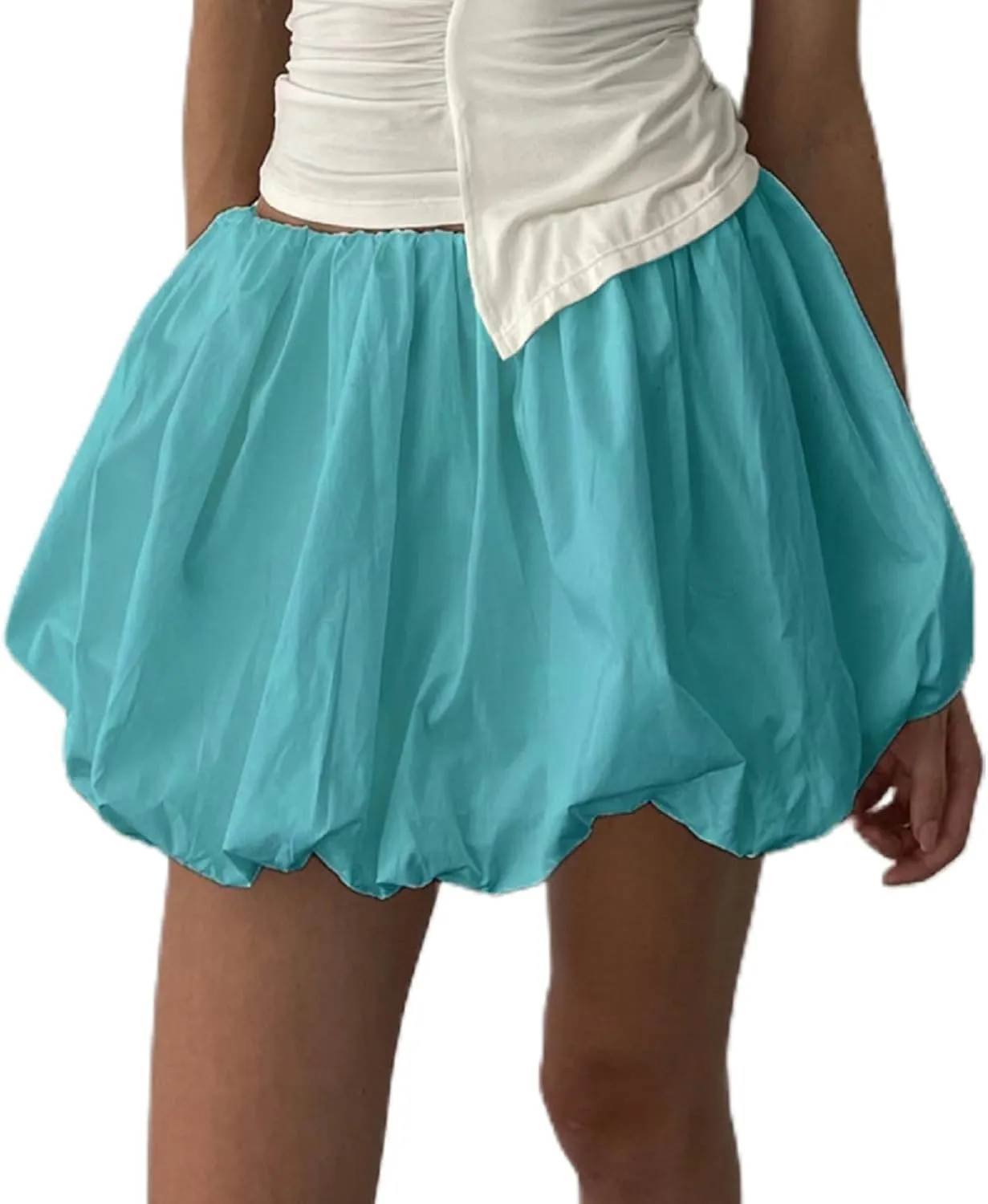 Women Pleated Bubble Mini Skirt Y2k Ruffle Hem Elastic Waist Puffy Short Skirt Tee Girls Cute Aline Balloon Skirt