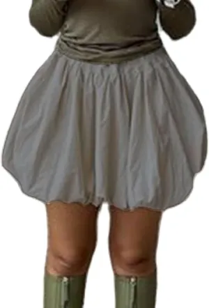 Women Pleated Bubble Mini Skirt Y2k Ruffle Hem Elastic Waist Puffy Short Skirt Tee Girls Cute Aline Balloon Skirt