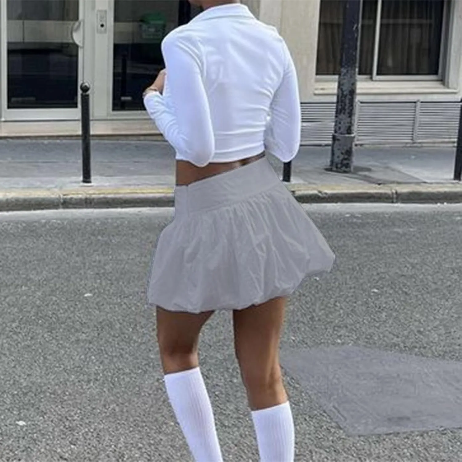 Women Pleated Bubble Mini Skirt Y2k Ruffle Hem Elastic Waist Puffy Short Skirt Tee Girls Cute Aline Balloon Skirt