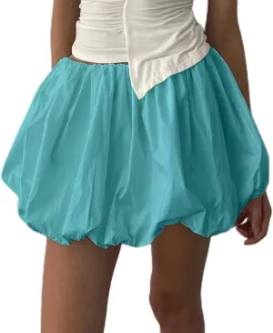 Women Pleated Bubble Mini Skirt Y2k Ruffle Hem Elastic Waist Puffy Short Skirt Tee Girls Cute Aline Balloon Skirt