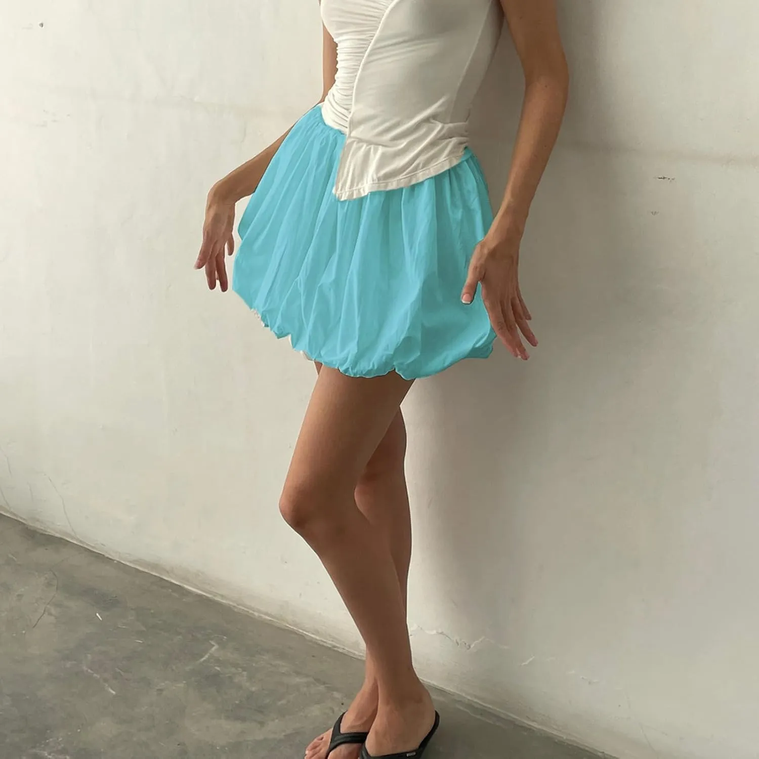Women Pleated Bubble Mini Skirt Y2k Ruffle Hem Elastic Waist Puffy Short Skirt Tee Girls Cute Aline Balloon Skirt