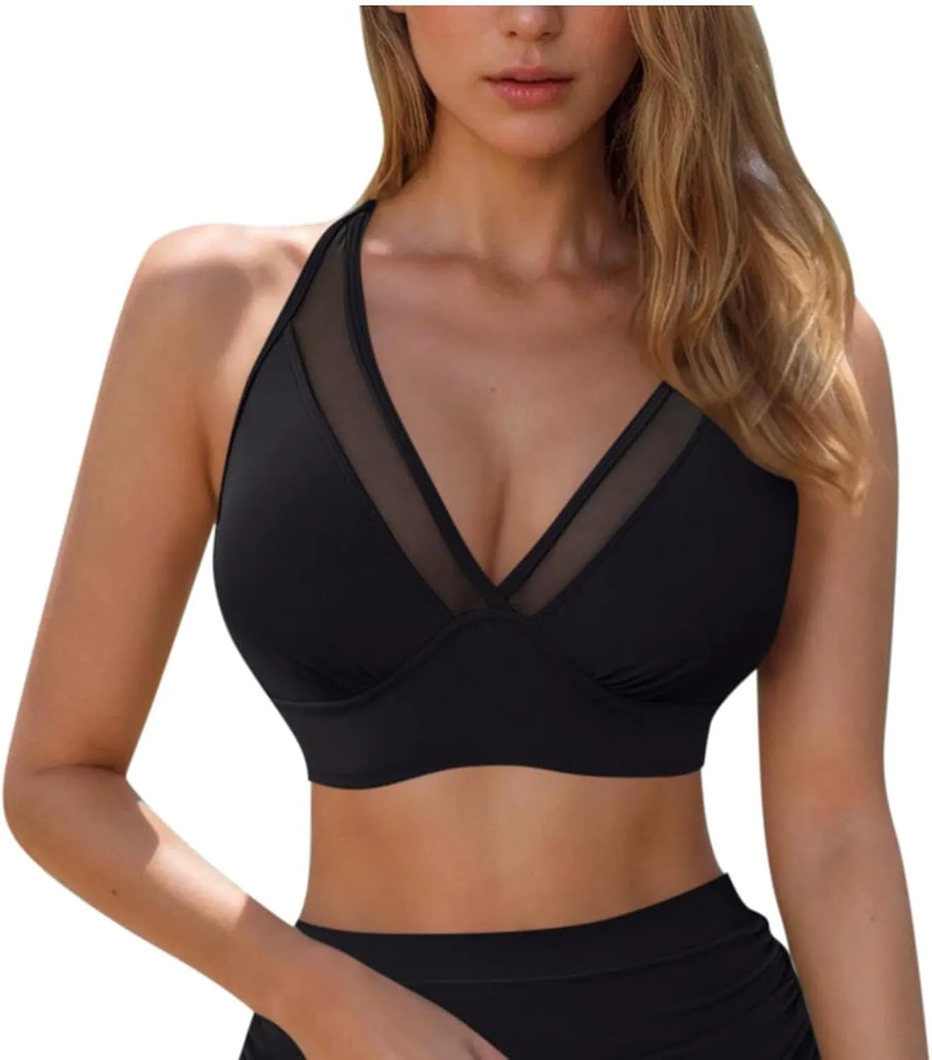 Women Push Up Bikini Tops Mesh See Through Swimsuits Tops Padded Wireless Bathing Suit Adjustable Strap Crop Swim Top