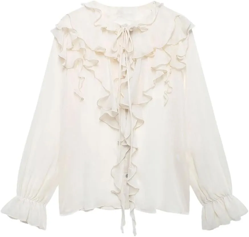 Women Ruffled Chiffon Blouses Casual Loose Long Sleeve Shirts Office Work Tops
