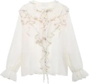 Women Ruffled Chiffon Blouses Casual Loose Long Sleeve Shirts Office Work Tops