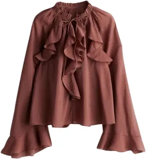 Women Ruffled Flare Sleeve Blouses Lace Up Solid Color Shirts Casual Street Vacation Tops