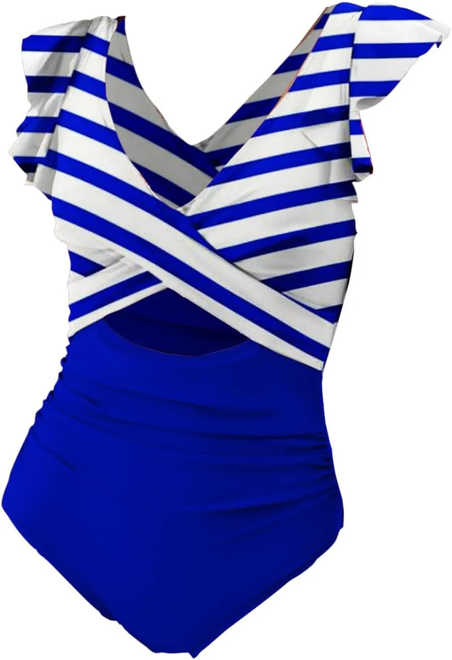 Women Sexy Mesh Tummy Control Swimsuit Knit Square Neck Tied Strappy Swimsuit with Swimsuit Halter Retro Bathing