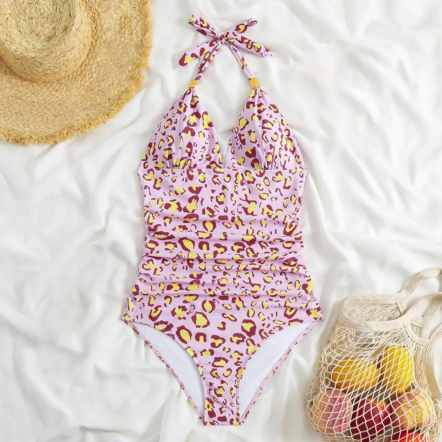 Women Sexy Tummy Control One Piece Swimsuits Halter Push Up Bikini Swimsuit Print Ruched V Neck Backless Bathing Suit