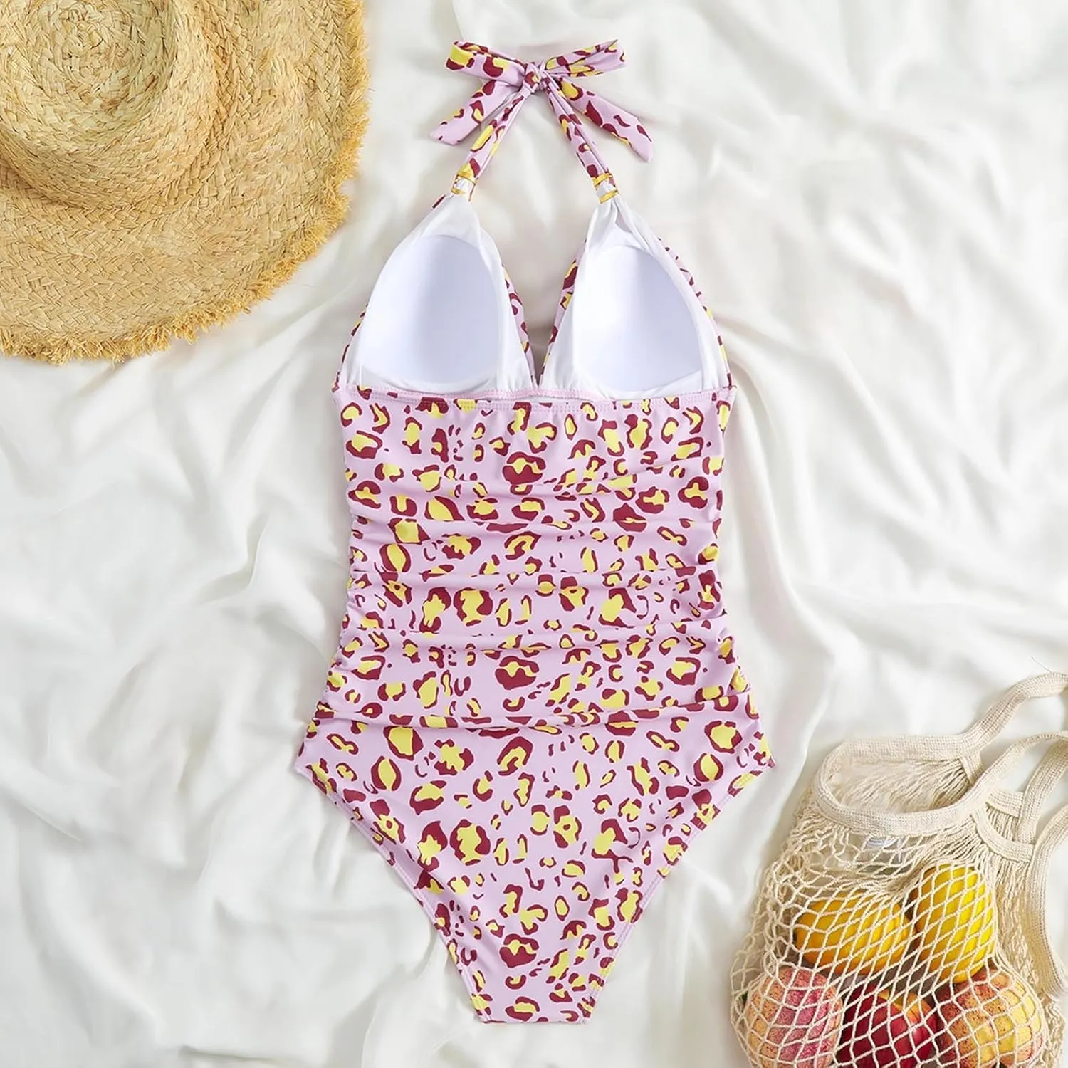 Women Sexy Tummy Control One Piece Swimsuits Halter Push Up Bikini Swimsuit Print Ruched V Neck Backless Bathing Suit