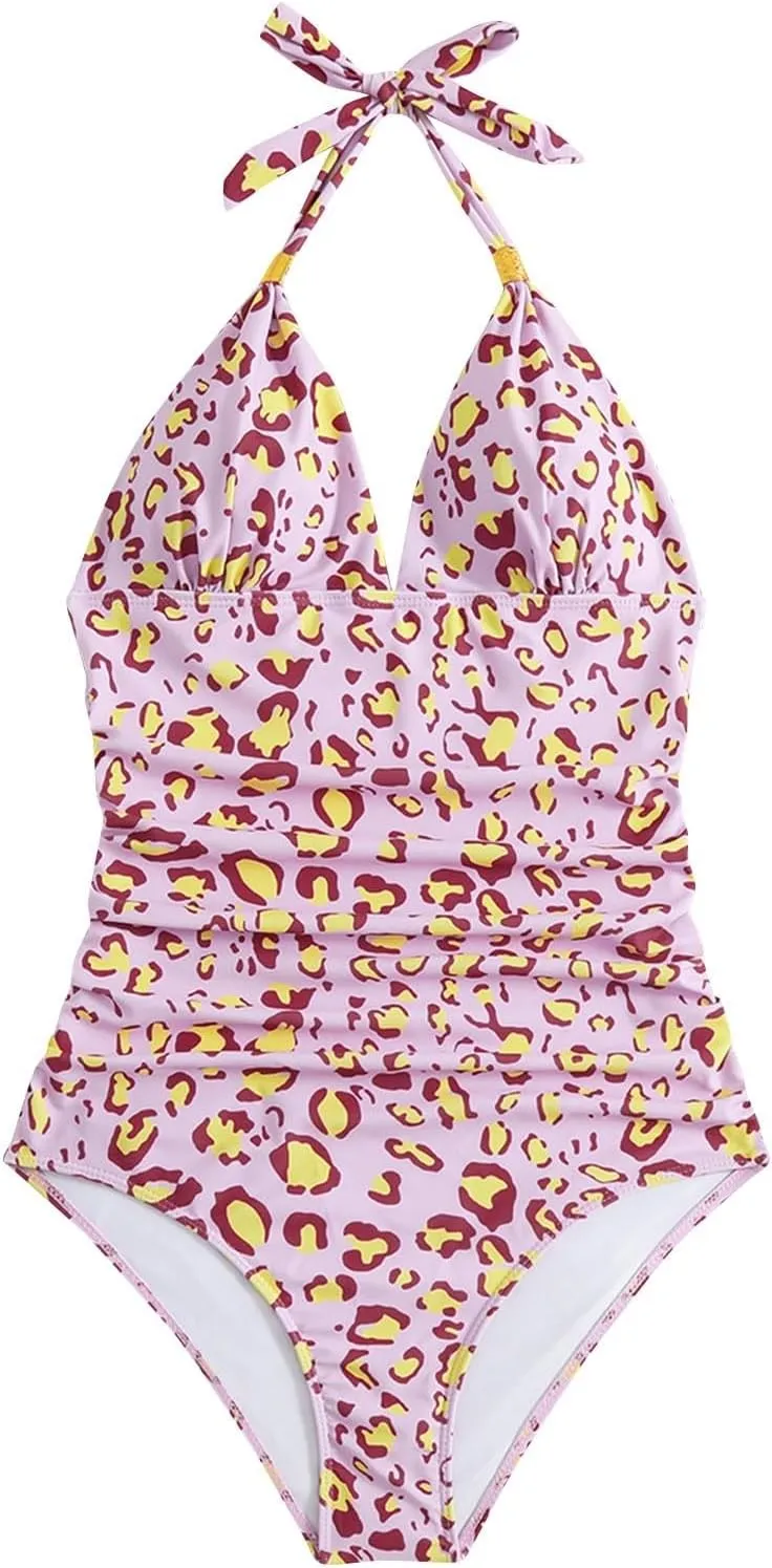 Women Sexy Tummy Control One Piece Swimsuits Halter Push Up Bikini Swimsuit Print Ruched V Neck Backless Bathing Suit