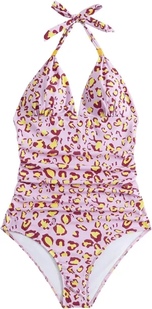 Women Sexy Tummy Control One Piece Swimsuits Halter Push Up Bikini Swimsuit Print Ruched V Neck Backless Bathing Suit