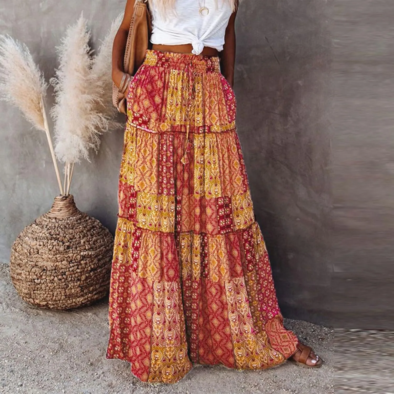 Women Skirt High WAIS Flowy Maxi Skirt Bohemian A-Line Tube Dress Floral Print Casual Smocked 2025 Summer Skirts