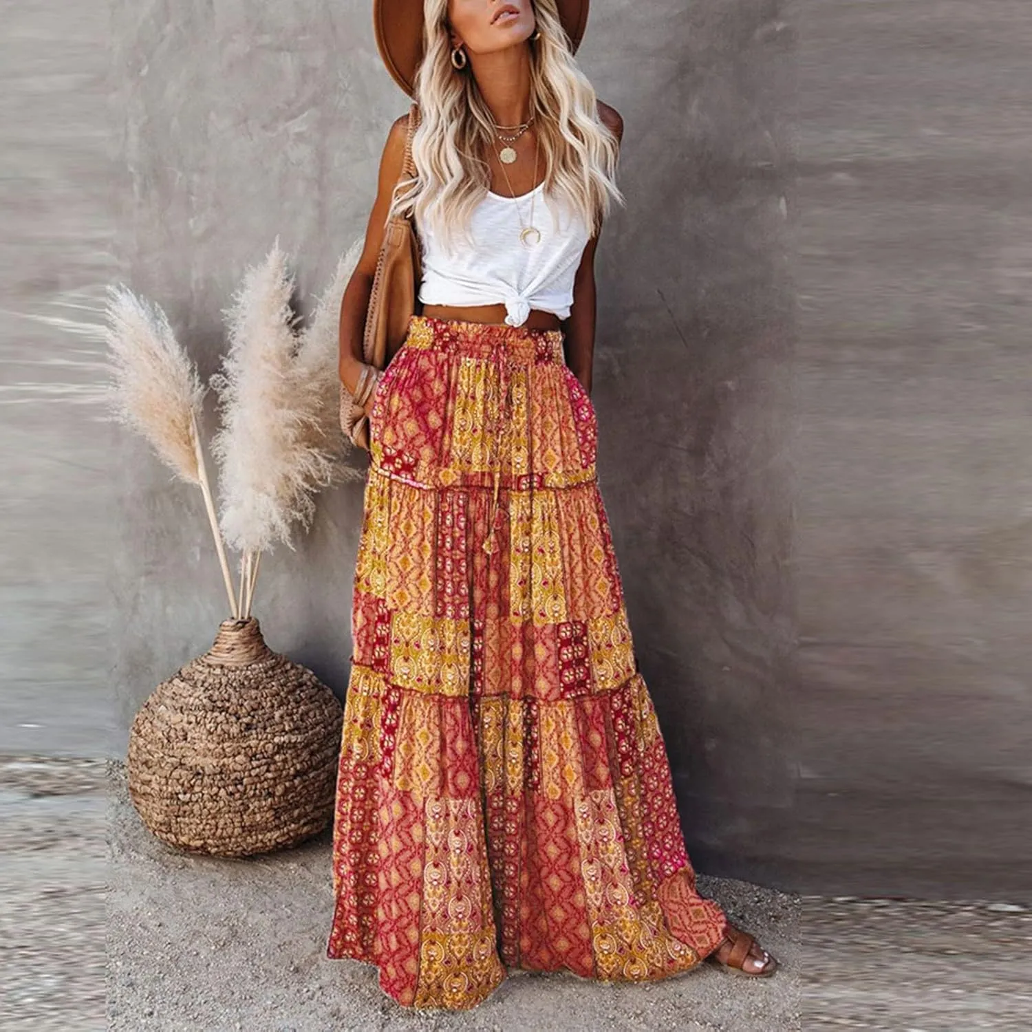 Women Skirt High WAIS Flowy Maxi Skirt Bohemian A-Line Tube Dress Floral Print Casual Smocked 2025 Summer Skirts