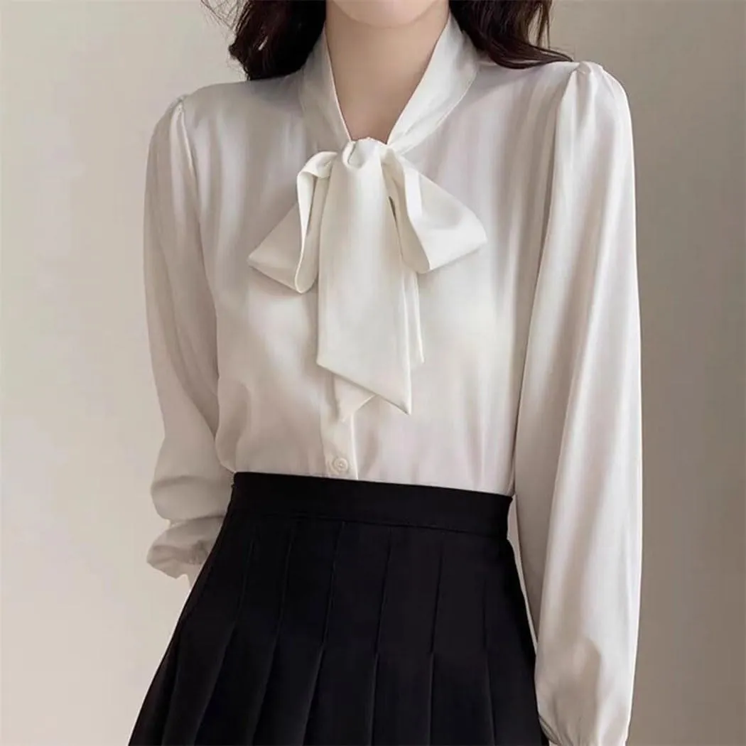 Women Slimming Satin Blouse Long Sleeve Business Shirt Bow Tie Elegant Solid Color Top