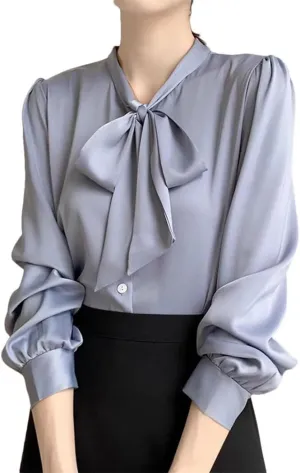 Women Slimming Satin Blouse Long Sleeve Business Shirt Bow Tie Elegant Solid Color Top
