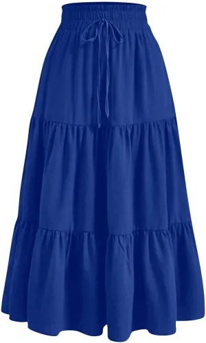 Women Summer Boho Skirts Long Flowy Skirt Tiered A-Line Skirts Maxi Floral Skirt Pleated Beach Skirt High Waist Skirt