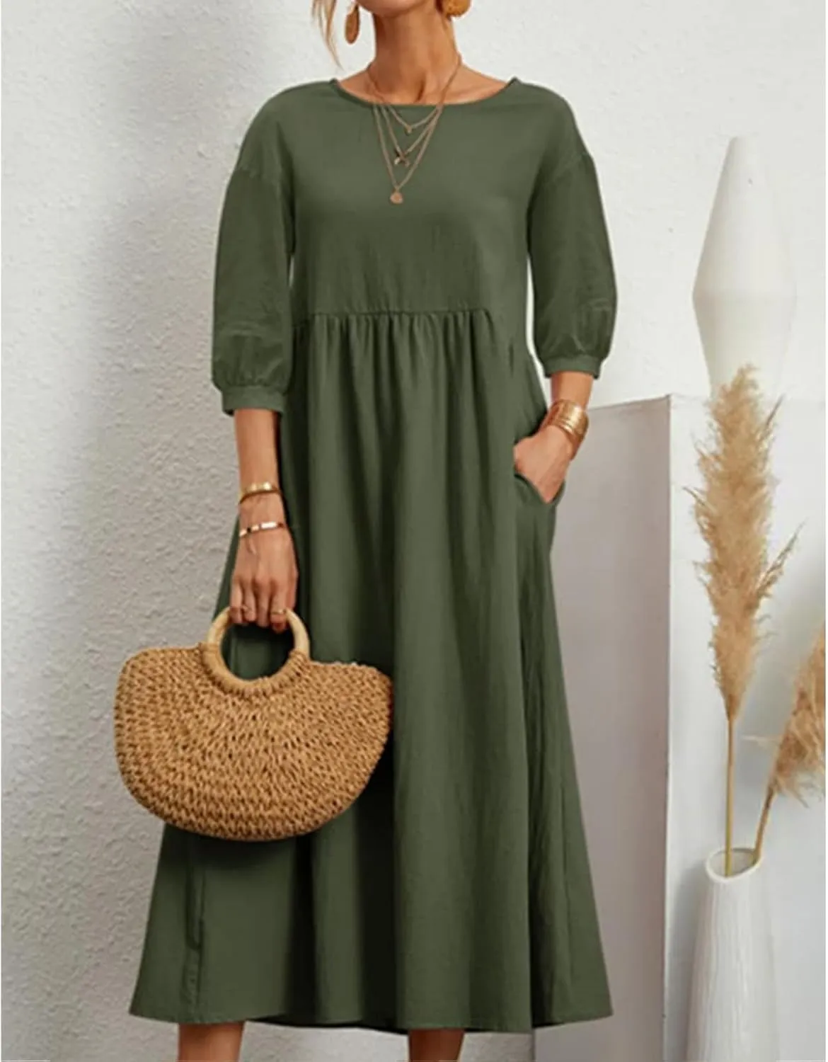 Women Summer Maxi Dress Cotton Linen Casual Comfy Crew Neck Half Sleeve Sundress Loose Solid Beach Dress with Pockets