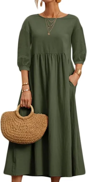 Women Summer Maxi Dress Cotton Linen Casual Comfy Crew Neck Half Sleeve Sundress Loose Solid Beach Dress with Pockets