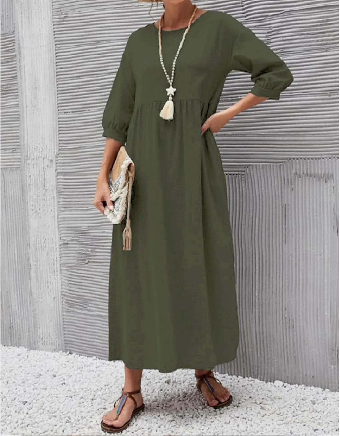 Women Summer Maxi Dress Cotton Linen Casual Comfy Crew Neck Half Sleeve Sundress Loose Solid Beach Dress with Pockets