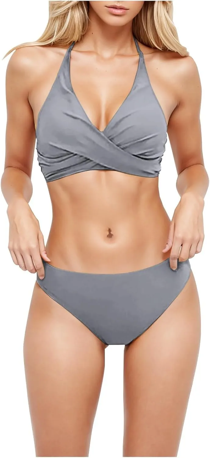 Women Swimksuits 2 Piece Sets Cross Wrap V Neck Cami Bra and Thong Bikinis Summer Beach Bathing Suits Modest Swimwear