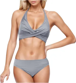 Women Swimksuits 2 Piece Sets Cross Wrap V Neck Cami Bra and Thong Bikinis Summer Beach Bathing Suits Modest Swimwear