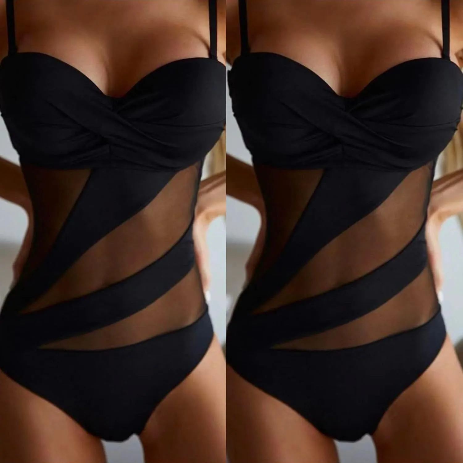 Women Swimsuit One Piece Bathing Suit Sexy Halter Neck Criss Cross Mesh Hollow Out Bikini Swimwear Strapless Bathing Suits