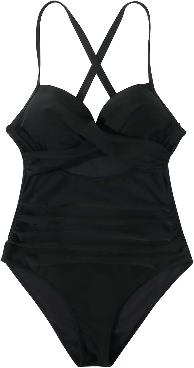 Women Swimsuit One Piece Bathing Suit Sexy Halter Neck Criss Cross Mesh Hollow Out Bikini Swimwear Strapless Bathing Suits