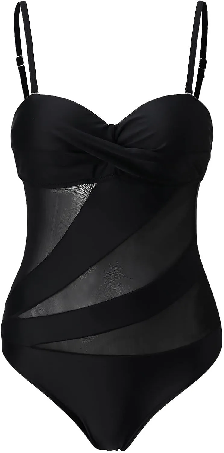 Women Swimsuit One Piece Bathing Suit Sexy Halter Neck Criss Cross Mesh Hollow Out Bikini Swimwear Strapless Bathing Suits