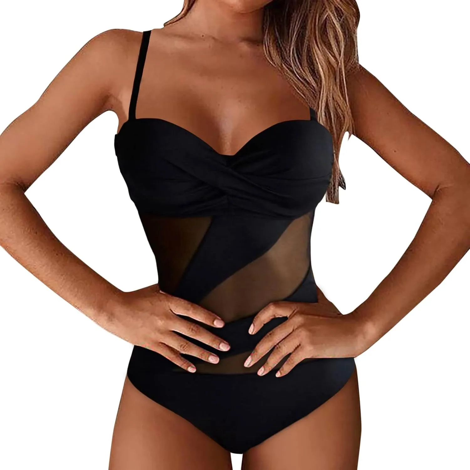 Women Swimsuit One Piece Bathing Suit Sexy Halter Neck Criss Cross Mesh Hollow Out Bikini Swimwear Strapless Bathing Suits