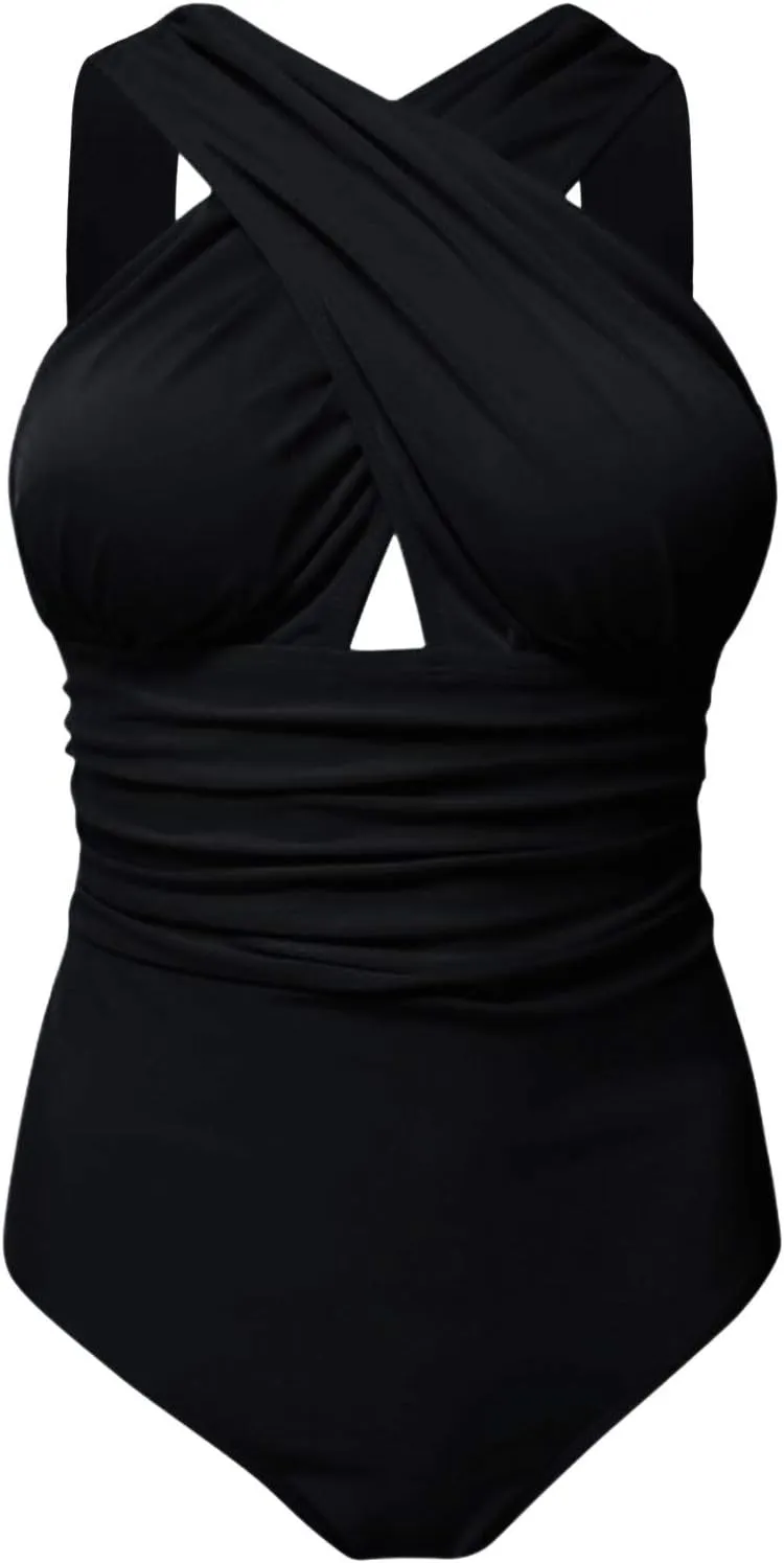 Women Swimsuit One Piece Bathing Suit Sexy Halter Neck Criss Cross Mesh Hollow Out Bikini Swimwear Strapless Bathing Suits