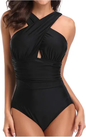 Women Swimsuit One Piece Bathing Suit Sexy Halter Neck Criss Cross Mesh Hollow Out Bikini Swimwear Strapless Bathing Suits