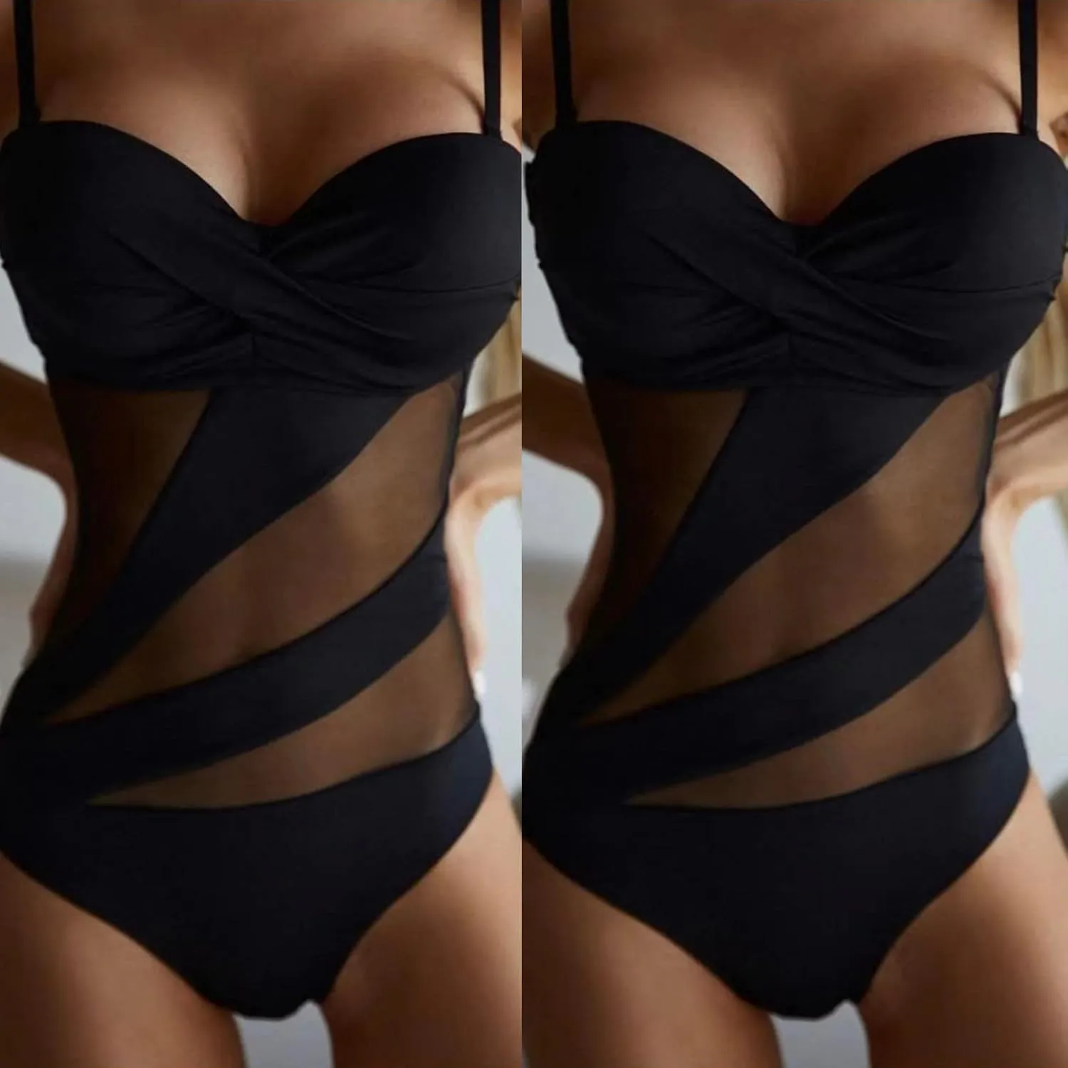 Women Swimsuit One Piece Bathing Suit Sexy Halter Neck Criss Cross Mesh Hollow Out Bikini Swimwear Strapless Bathing Suits