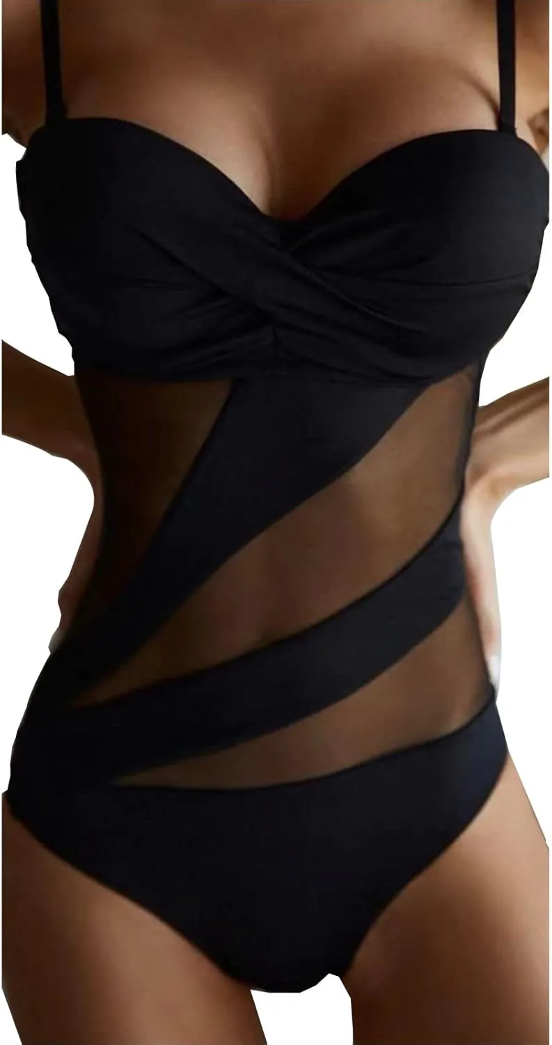 Women Swimsuit One Piece Bathing Suit Sexy Halter Neck Criss Cross Mesh Hollow Out Bikini Swimwear Strapless Bathing Suits