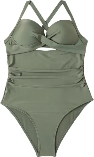 Women Swimsuit One Piece Bathing Suit Sexy Halter Neck Criss Cross Mesh Hollow Out Bikini Swimwear Strapless Bathing Suits