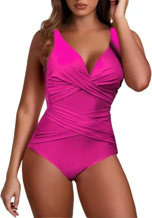 Women Tummy Control One Piece Swimsuits V Neck Criss Cross Ruched Push Up Slimming Swimwear Vintage Padded Swimwear