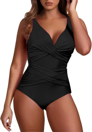 Women Tummy Control One Piece Swimsuits V Neck Criss Cross Ruched Push Up Slimming Swimwear Vintage Padded Swimwear