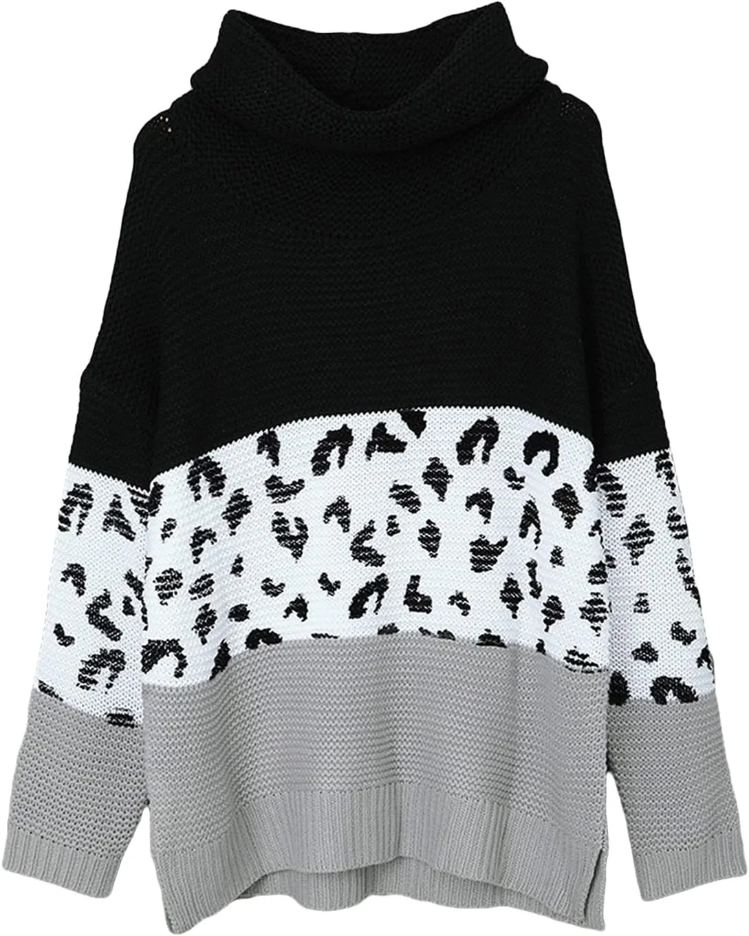 Women Turtleneck Oversized Side Slits Long Sleeve Color Block Chunky Knit Sweater Casual Loose Jumper Pullover Top