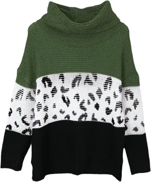 Women Turtleneck Oversized Side Slits Long Sleeve Color Block Chunky Knit Sweater Casual Loose Jumper Pullover Top