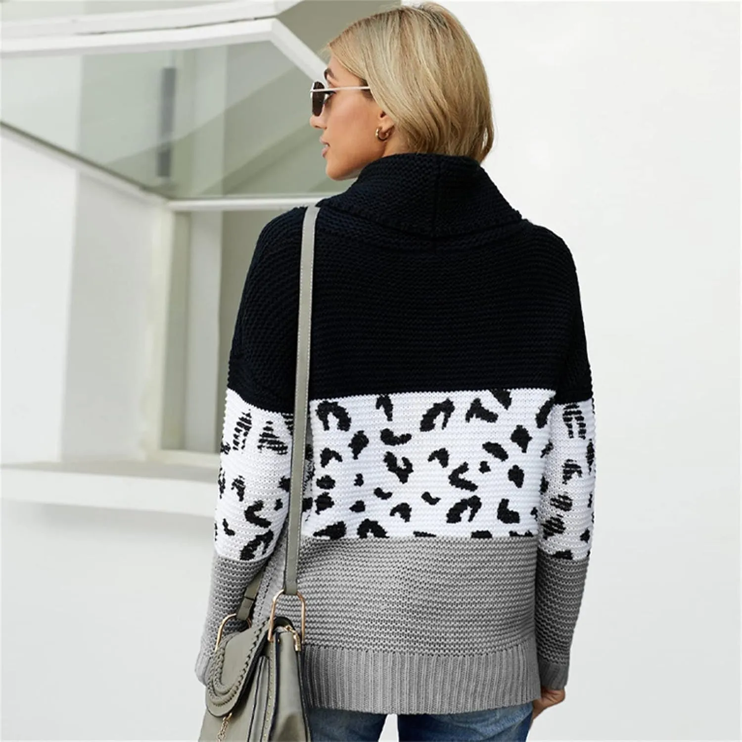 Women Turtleneck Oversized Side Slits Long Sleeve Color Block Chunky Knit Sweater Casual Loose Jumper Pullover Top