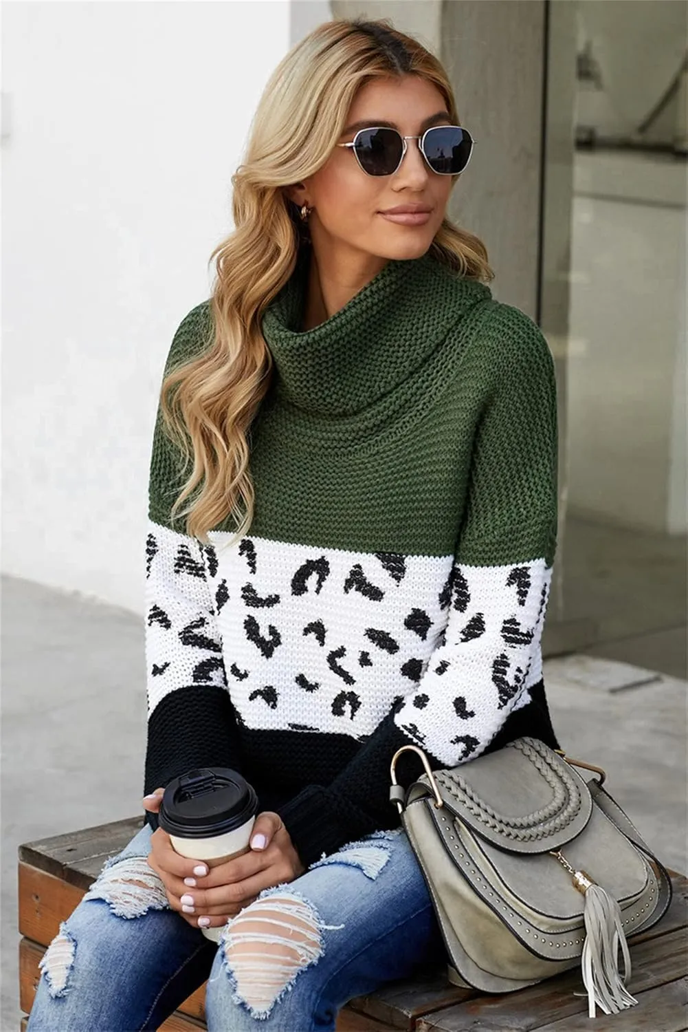 Women Turtleneck Oversized Side Slits Long Sleeve Color Block Chunky Knit Sweater Casual Loose Jumper Pullover Top