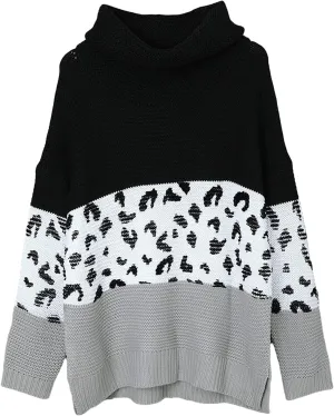 Women Turtleneck Oversized Side Slits Long Sleeve Color Block Chunky Knit Sweater Casual Loose Jumper Pullover Top